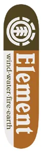 Element Section Thriftwood skateboard deck: Rounded deck split into dark olive and rust-orange sections, with the white Element circle logo at the top and the Element name in large white serif letters running vertically with wind-water-fire-earth text beside it.