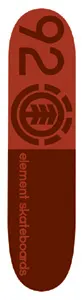 Element Split Thriftwood skateboard deck: Plain two-tone deck split across the middle into rust red and dark brown halves. A large 92 and the Element tree-ring logo sit on the upper half, with element skateboards written vertically on the lower.