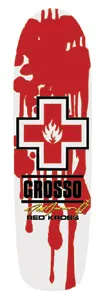 Black Label Jeff Grosso Full 2 skateboard deck: Shaped old-school deck with a large red cross containing the Black Label flame, over red blood-like splatters and drips on white. The name GROSSO sits beneath with a gold signature and Red Kross.