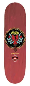 Black Label Jeff Grosso Mid skateboard deck: Red-stained shaped deck with a spiked black starburst holding a yellow flaming logo above a pair of blue hands tearing a red heart, with a small dagger beneath. Gold signature and small red cross logo below.
