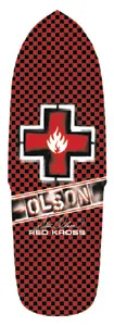 Black Label Steve Olson Ltd 2 skateboard deck: A red and black checkerboard pattern on a cruiser-style shaped deck, with a red cross containing a white flame logo, and a banner reading OLSON with a signature and Red Kross beneath.