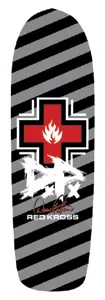 Black Label Duane Peters Full 2 skateboard deck: A red cross with a white flame logo over black and grey diagonal stripes on an old-school shaped deck, with a scrawled white DP lettering, a red signature and Red Kross below.
