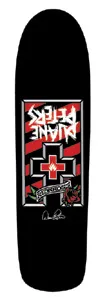 Black Label Duane Peters Mid 2 skateboard deck: A black old-school shape with a red and white striped panel carrying the rider's name in angular lettering, upside down. Below is a bevelled cross with a flaming red cross centre, a banner and a rose each side, plus a signature.