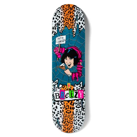 Girl Geering Out To Lunch skateboard deck: A comic-style woman with black hair and pink-striped sleeves bursts through a spider web, holding a martini and a sign, within ripped leopard-print borders. Ransom-note lettering below.