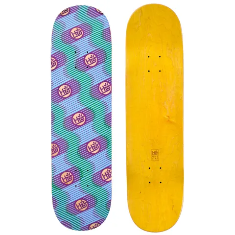 Habitat Basin skateboard deck: Repeating pattern of circular Habitat leaf logos in cream on purple discs, overlaid with wavy lines of green and lilac horizontal stripes. The underside is stained yellow.