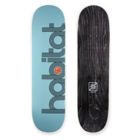 Habitat Ellipse Lrg skateboard deck: Large lower-case habitat logotype built from concentric black lines running up a pale blue deck, with a small orange circular logo in the middle. The bare black-stained underside is shown alongside.