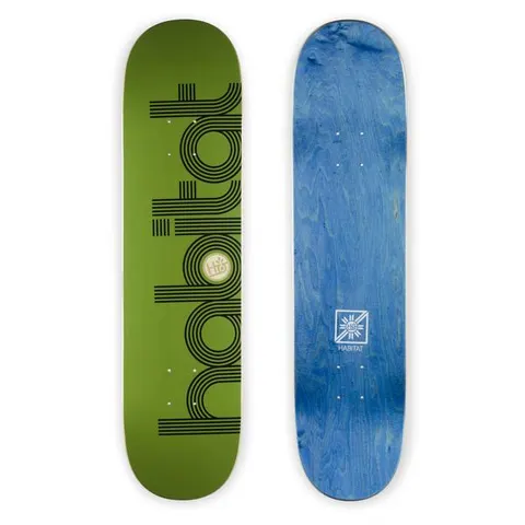 Habitat Ellipse Sm skateboard deck: Large black multi-line outlined Habitat wordmark running the length of an olive green deck, with a small cream logo roundel in the 'a'. The underside is blue-stained wood with a small logo.