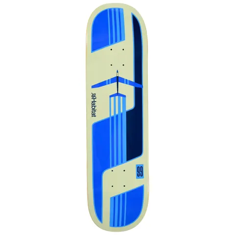 Habitat Glider Twin skateboard deck: Geometric design in blue on cream, with an aircraft seen from above, trailing stripes that run down the deck. A small 99 number box is near the tail and the Habitat logo is at the side.