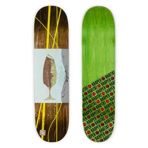 Habitat Harper Familiar Fish Marius skateboard deck: A mid-century style illustration of a brown fish with a swarm of small fish and a grey patch on a pale blue panel, across a dark brown wood-stain top with yellow lines. The underside is green with a red Habitat and Harper repeat.