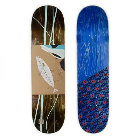 Habitat Harper Familiar Fish Matthews skateboard deck: Stylised mid-century-style illustration of a pale fish on a tan panel with pale blue lines and shapes, across a dark stained wood top. The underside has a repeating pattern of Harper and Habitat text with red logos on blue stain.
