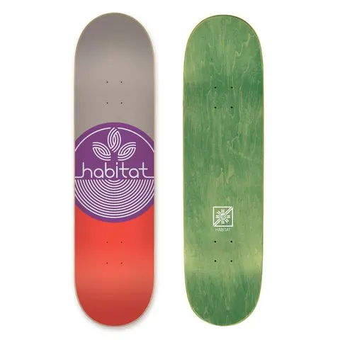 Habitat Leaf Dot Lg skateboard deck: A purple circle with a white outline leaf-and-rings logo and the brand name across the middle, over a deck split grey above and red below. The green-stained underside is also shown.