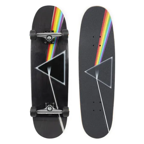 Habitat Pink Floyd Dark Side of the Moon Cruiser 9.0 skateboard deck: Dark Side of the Moon prism design on a black cruiser shape: a white-outlined triangle with a beam of white light entering and a rainbow band leaving across the top. Photo shows the complete and the bare top.