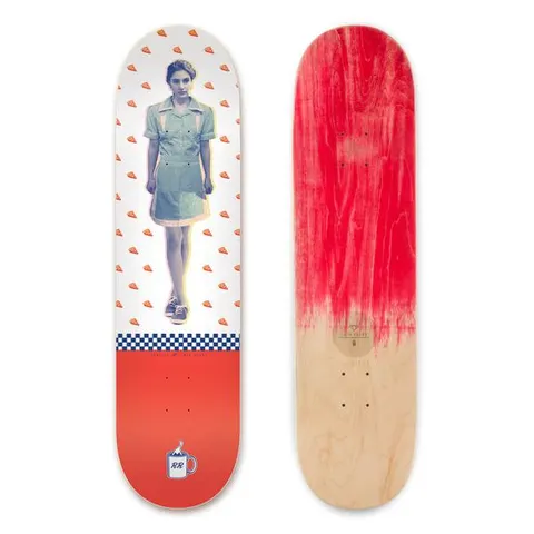 Habitat Twin Peaks Shelly 8.25 skateboard deck: Woman in a diner waitress uniform and sneakers, in a blue-tinted photo, standing on white covered in pie slices. A black and white check band and a red lower section with an RR coffee mug logo. Underside is red-stained wood.