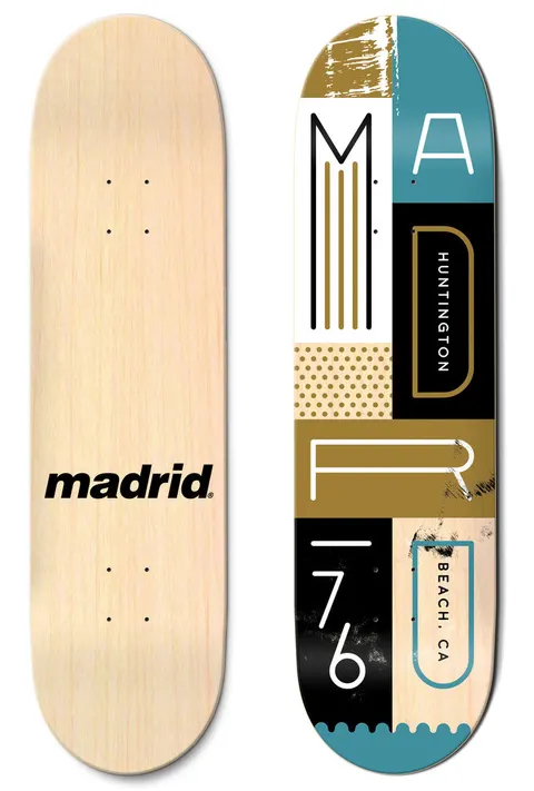 Madrid Blocks 8 skateboard deck: Geometric block layout spelling M A D R 76 in outlined and solid letters, with Huntington Beach, CA text, dotted and striped panels in teal, gold, black and white. Underside is natural wood with a black Madrid logo.
