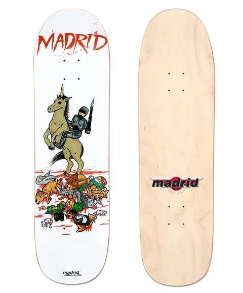 Madrid Cyborg 32.75 skateboard deck: Cartoon of a grey armoured cyborg riding a rearing unicorn over a heap of dead animals and bloody splatters, with red dripping MADRID lettering at the top on a white deck.