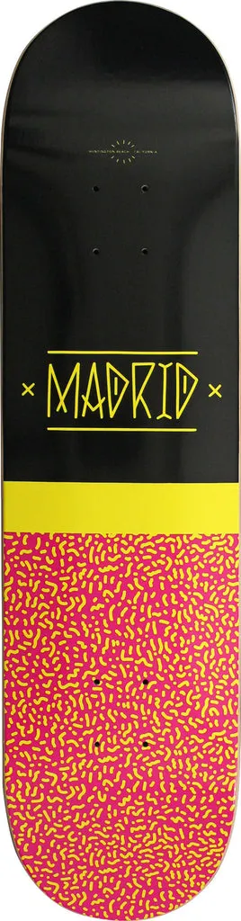 Madrid Disease 8 skateboard deck: A black upper half with the Madrid logo in yellow hand-drawn capitals between crosses, over a yellow band and a pink lower half covered in yellow squiggle shapes.