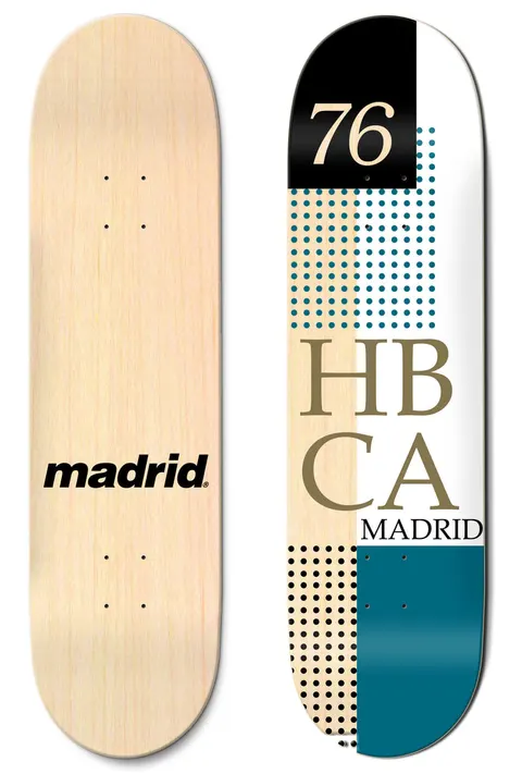 Madrid Dots 8 skateboard deck: Typographic design with a black block holding a cream '76', blocks of halftone dots in teal and black, large olive serif letters 'HB CA' and the word MADRID, plus a teal block at the base. Bare wood underside with Madrid logo shown alongside.