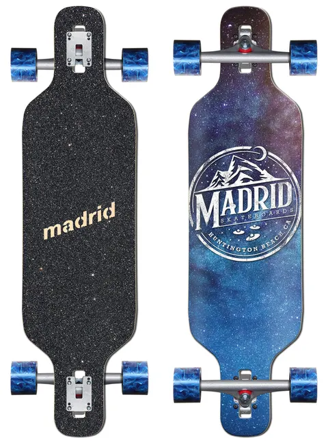 Madrid Dream 36 skateboard deck: A starry blue and purple galaxy nebula with a circular white mountain-and-moon brand stamp reading Madrid Skateboards, Huntington Beach CA. Shown on a complete drop-through longboard, grip side and graphic side.