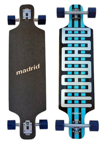 Madrid Dtf 36 skateboard deck: Drop-through longboard with a silver maze-like Madrid lettering pattern with cyan squares, between black and cyan stripes. Shown as a complete with blue wheels, and the black grip side beside it.