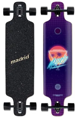 Madrid Dtf 39 skateboard deck: Purple longboard with a retro synthwave design: a sunset circle with palm trees in a triangle and neon Madrid script, over a perspective grid. Black griptape side shows the Madrid name. Shown with trucks and black wheels.