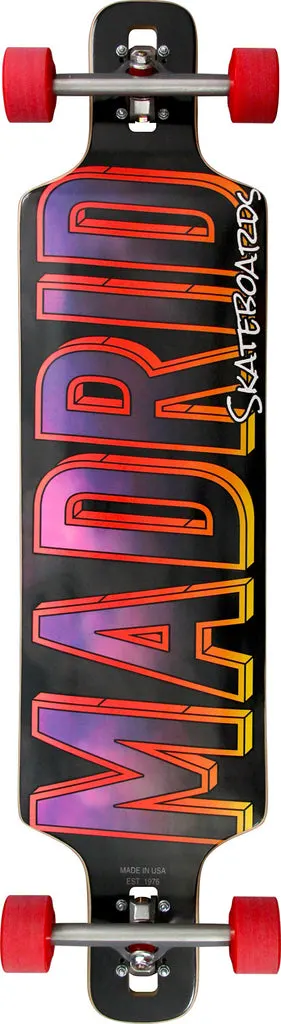 Madrid Dtf 41 skateboard deck: Drop-through longboard shown with red wheels and silver trucks. Huge 'MADRID' capital lettering fills the deck with an orange to yellow outline and a purple-pink cloudy fill on black, with 'Skateboards' in white script.