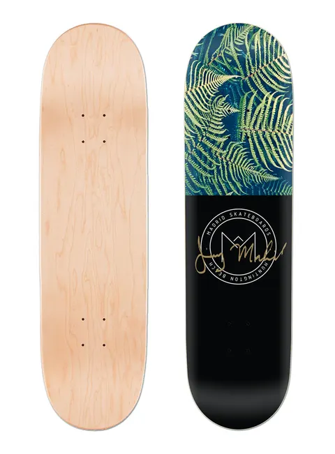 Madrid Fern 8 skateboard deck: Deck split in two: fern fronds photographed in green on blue at the top, and plain black below with a circular Madrid Skateboards Huntington Beach logo and a gold signature. Plain natural maple bottom view alongside.