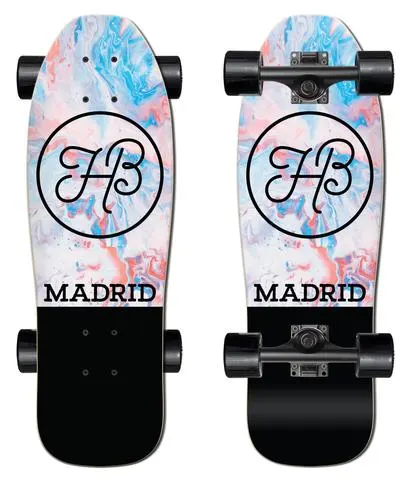 Madrid Stub Nose 25 skateboard deck: A small cruiser shown from top and underside, with a pastel marbled swirl of pink, blue and white, a black circle containing a looped HB monogram, and Madrid lettering above a solid black tail.