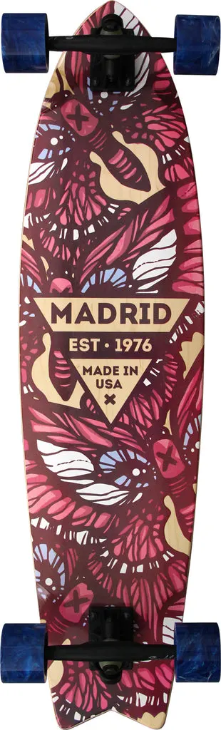 Madrid Gun 37.75 skateboard deck: Complete longboard with a swallow-tail shape showing a red and pink moth illustration with eyes and wing patterns on natural wood, centred on a triangular Madrid Est. 1976 Made in USA logo. Blue wheels and black trucks.