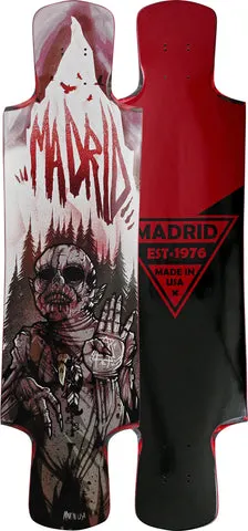 Madrid Goat Sucker 38.75 skateboard deck: Longboard with a bandaged, skull-faced creature holding up a hand in front of dark pine trees and a snowy peak, with a large dripping red Madrid logo across the mountain. The back shows a red and black panel with a triangular Madrid logo.