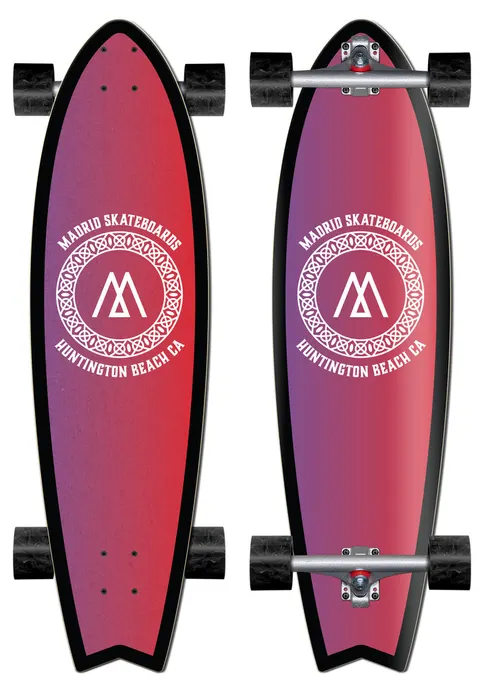Madrid Gun 36 skateboard deck: Purple to red gradient with a white circular Madrid Skateboards emblem of interlaced knotwork around an M logo, with Huntington Beach CA lettering. Complete fish-tail cruiser shown from top and underside with trucks and black wheels.