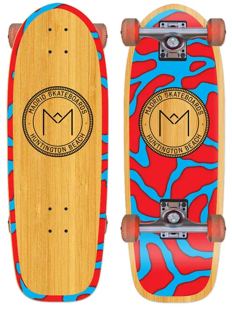 Madrid Harbor Series Marty 29.25 skateboard deck: Small cruiser with a bamboo top bearing a round black Madrid Skateboards Huntington Beach badge with an M, and red and light blue organic blotch pattern around the edges and underside. Complete shown with trucks.