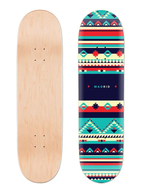 Madrid Inca 8 skateboard deck: Horizontal bands of Aztec or Inca-style geometric patterns in teal, red, cream and navy, with a plain navy central panel carrying the Madrid name. The photo also shows the plain natural wood underside.