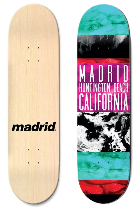 Madrid Layers 8 skateboard deck: Bands of marbled ink-wash texture in turquoise, black, magenta and red run across the deck, with Madrid Huntington Beach California in tall white capitals across the middle. The photo also shows the plain natural maple underside with a black Madrid logo.