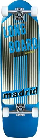 Madrid Longboard 36 skateboard deck: Cream top with thin vertical black pinstripes, large blue distressed block capitals reading LONG BOARD, and a black bar with white lowercase madrid at the base. Blue outer edges and nose and tail on a retro cruiser shape.