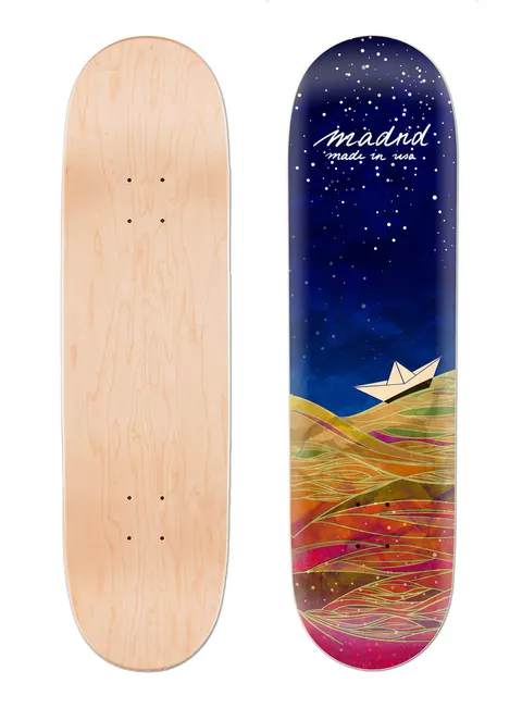 Madrid Origami 8 skateboard deck: Starry night sky above rolling multicoloured hills with a white paper boat sailing on them, in a painted watercolour style. White script brand name at the top. A plain natural maple underside is shown alongside.