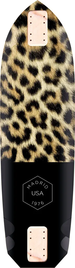 Madrid Pro Series Dominant 34.5 skateboard deck: Longboard-style shaped deck with a leopard-print upper half and a plain black lower section carrying a small hexagon logo, with cut-out wheel wells and clear grip patches at the ends.