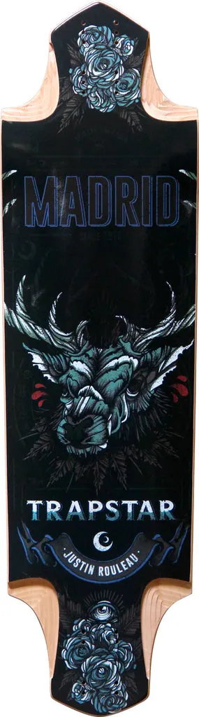 Madrid Pro Series Trapstar 36 skateboard deck: A drop-through longboard with a dark illustration of a stag's head with large antlers, blue roses at both ends and an eye symbol in a roses cluster. The brand and series names appear in blue and white lettering on a black deck.