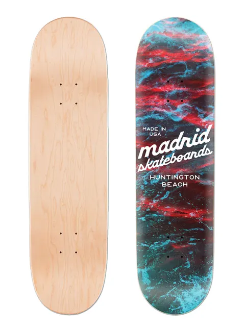 Madrid Refraction 8 skateboard deck: Close-up photograph of rippling water in red, blue and cyan tones, overprinted with white 'Madrid Skateboards' script, 'Made in USA' and 'Huntington Beach'. The natural maple underside is shown beside it.