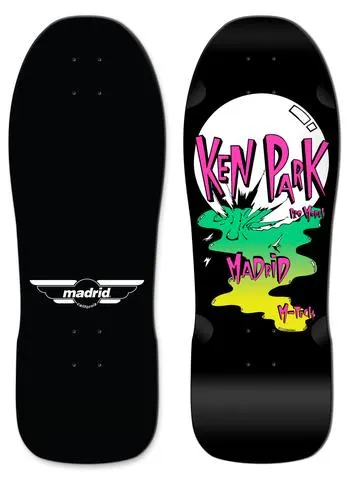 Madrid Retro Ken Park skateboard deck: A reissue-style old school shape with a large white moon, pink brush lettering reading Ken Park and a green and yellow slime splash. Madrid and M-Tech lettering appear, with a winged Madrid logo on the underside.