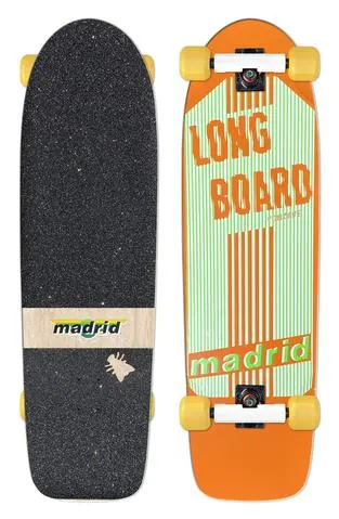Madrid Retro Longboard 36 skateboard deck: Orange cruiser-shaped board with pale green and orange vertical stripes, blocky 'Long Board' lettering and a green Madrid logo near the tail. The underside has black grip with a natural wood stripe and Madrid logo; shown with trucks and yellow wheels.