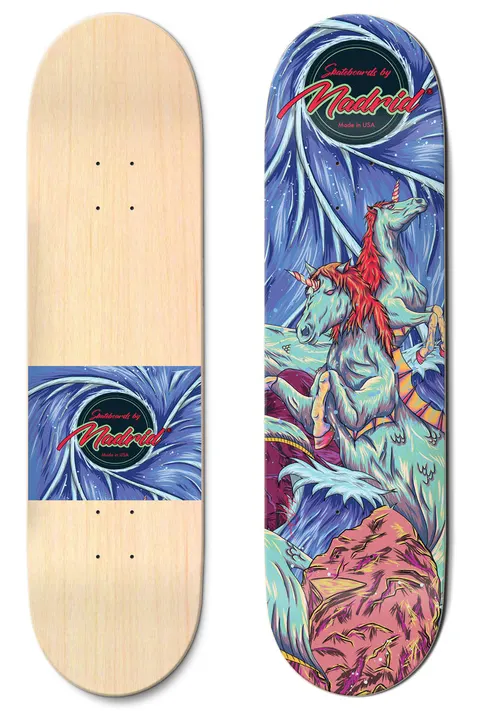 Madrid Seahorse 8 skateboard deck: Two pale teal unicorn-like sea horses with red manes rear out of a swirling blue whirlpool with waves and a pink rock. A Madrid circular logo sits at the top. The underside shows a swirl band with the logo.