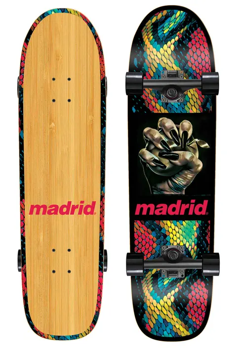 Madrid Space Owl 32.75 skateboard deck: Cruiser with a black panel showing a clawed hand holding a small object, framed by bright multicoloured snakeskin scales in red, yellow, green and blue, with a red Madrid logo. Underside is natural bamboo with snakeskin edges.