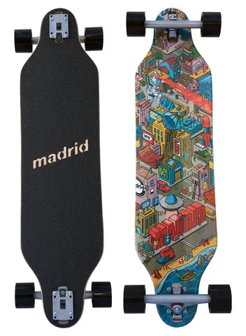 Madrid Weezer 36 skateboard deck: Complete drop-through longboard shown top and bottom. The underside has a colourful isometric cartoon city with a UFO, a rocket, a robot, a beach and 'Madrid' in large red letters; the black griptop reads 'madrid'.