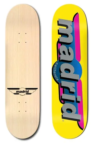 Madrid Wings Yellow 8 skateboard deck: Large grey Madrid logo in lowercase letters with a black shadow over a blue circle reading California and a pink swoosh, on a yellow deck. The underside is bare maple with a small black winged Madrid logo.