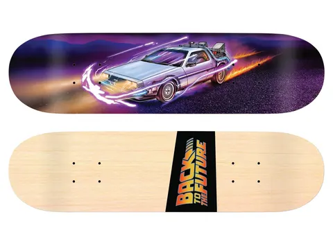 Madrid X Back to the Future - 88MPH 8 skateboard deck: A silver DeLorean time machine speeding down a dark road with blue electric sparks, flames trailing behind and a purple dusk sky. The underside carries the Back to the Future logo on a black strip over natural wood.