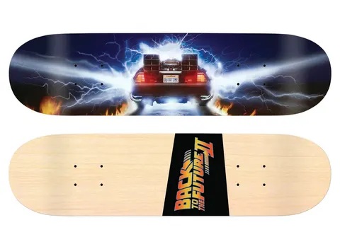 Madrid X Back to the Future - Burnout 8 skateboard deck: Rear view of the DeLorean time machine with glowing red lights and a licence plate, surrounded by blue-white lightning and flames on the road. The natural wood underside has a Back to the Future Part II logo.