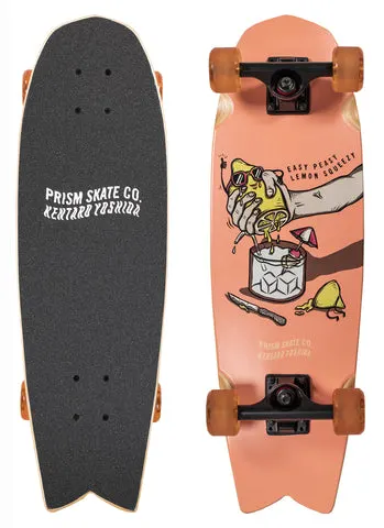 Prism Skate Co. Prism Grit 27 skateboard deck: Peach-coloured cruiser with an illustration of a hand squeezing a lemon in sunglasses into a glass of ice with a cocktail umbrella, with a knife and lemon half beside it and the text Easy Peasy Lemon Squeezy. Black grip with Prism Skate Co. on top.