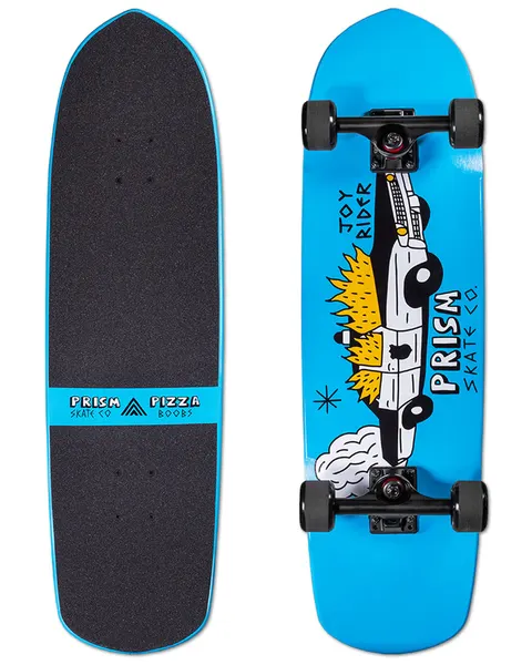 Prism Skate Co. Prism Mash 32 skateboard deck: Cartoon-style white police car with a yellow flame-like mane, speeding through a puff of smoke, drawn lengthwise on a bright blue deck with hand-lettered brand text. Grip side has a blue band reading the brand and 'Pizza Boobs'.