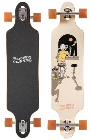 Prism Skate Co. Prism Revel 39 skateboard deck: Cream longboard showing a seated skeleton in a yellow shirt smoking at a bar counter, with stools, a beer bottle and a jukebox, framed by an arched window with an orange sun. Brand and artist name in orange at the tail; deck is shown as a complete with orange wheels.
