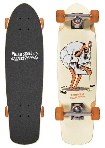 Prism Skate Co. Prism Skipper 27 skateboard deck: Cream cruiser deck showing a large grey skull on bare orange legs, tipping a bottle into its own mouth, with spilled beer and bottles on the ground. Drawn in a flat cartoon style with orange and grey accents.